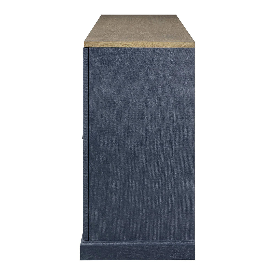 Side view of the indigo buffet showing its narrow profile and wood-toned top.