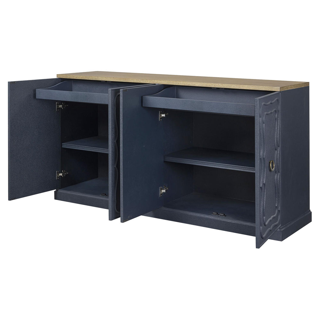 Open indigo buffet showing interior shelves and two concealed drawers.