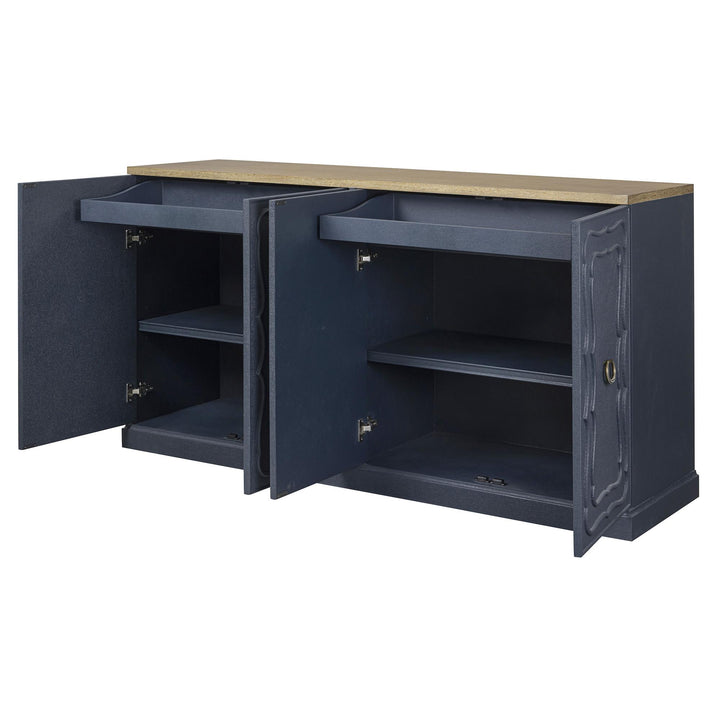 Open indigo buffet showing interior shelves and two concealed drawers.