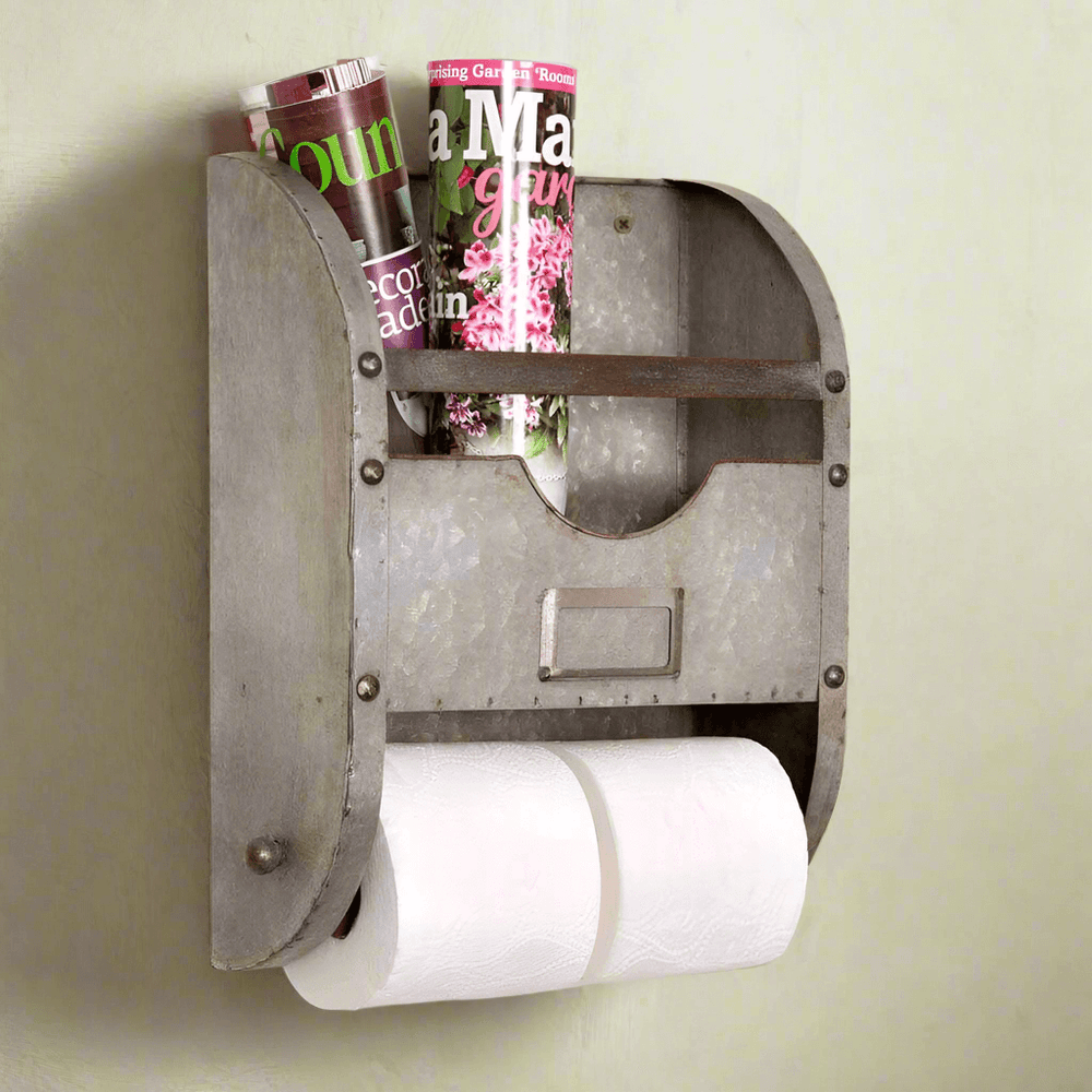 Vintage industrial metal toilet paper caddy with magazine holder, rustic bathroom decor, distressed metal design.