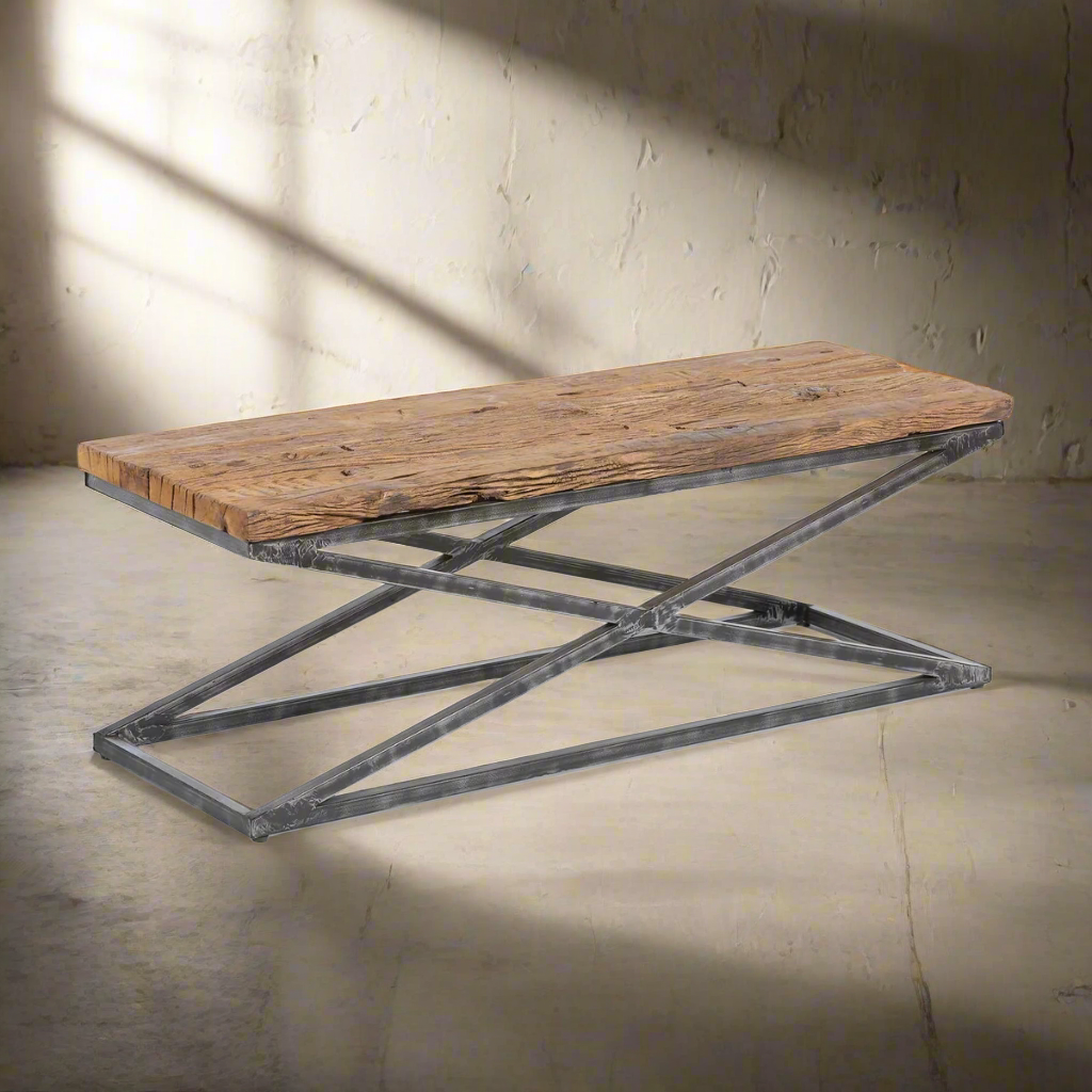 Industrial Railway Wood and Iron Coffee Table with vintage-inspired design and rugged reclaimed railway wood top.