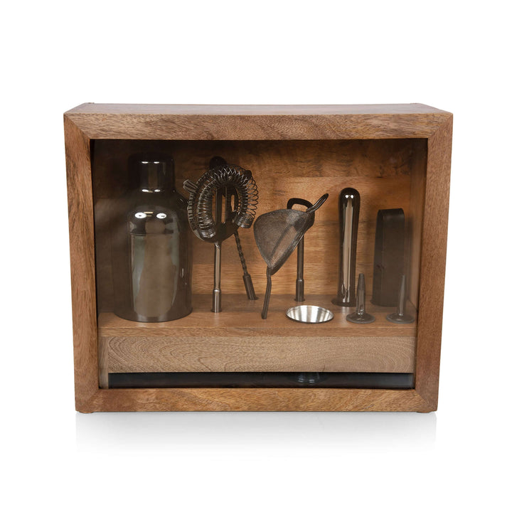 Vintage-Style Bartender Kit with Mango Wood Case & Bar Tools in display