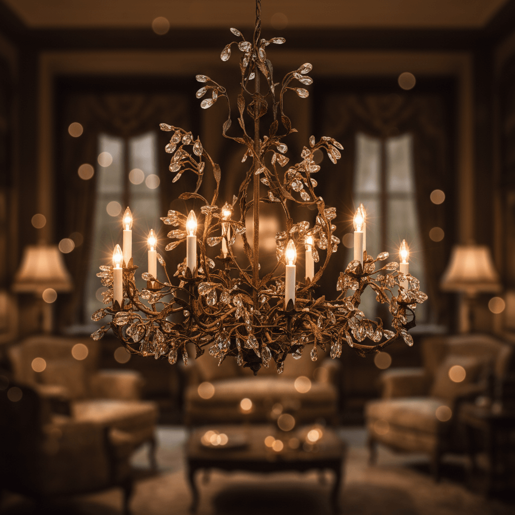 Italian Burnished Iron Crystal Chandelier