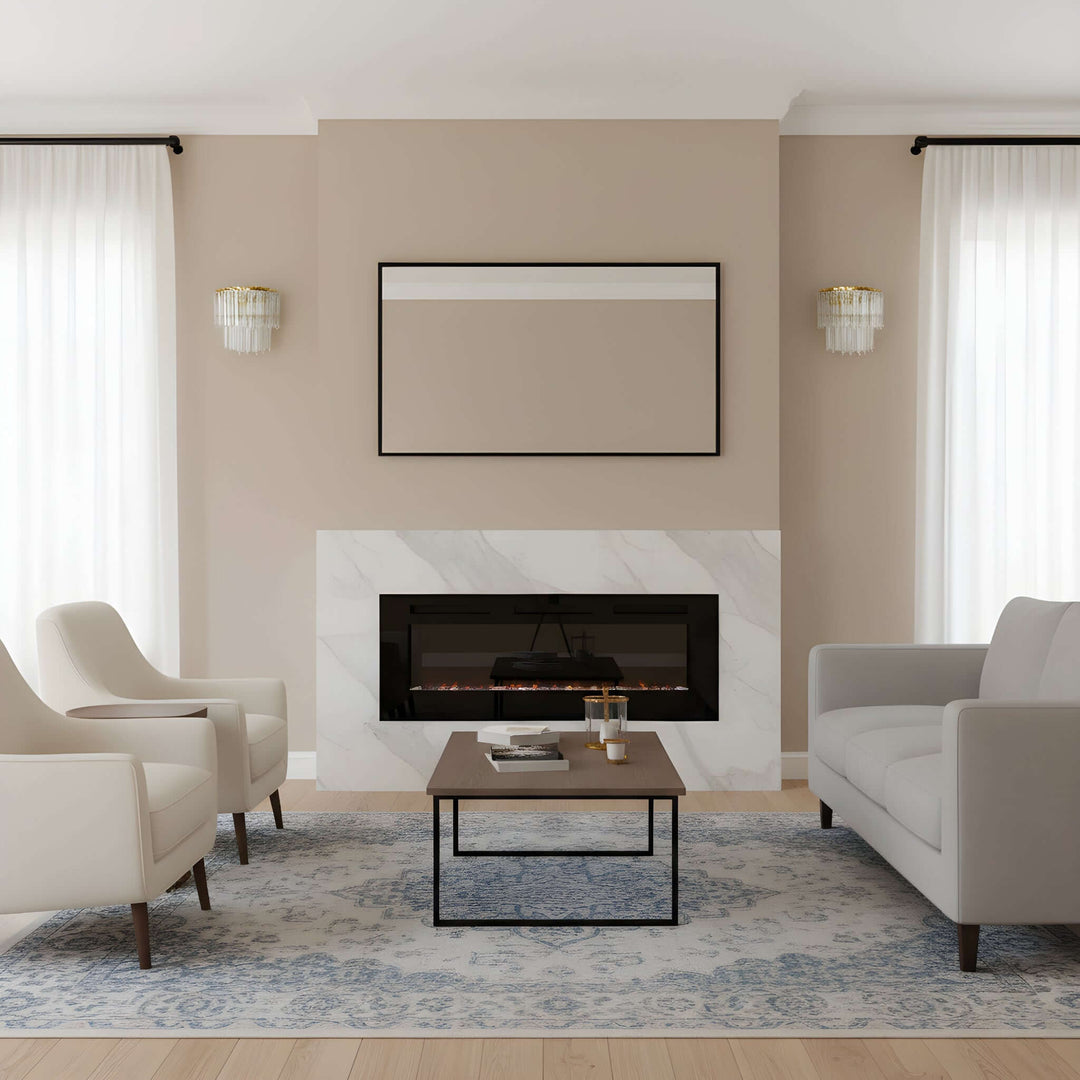 Modern living room with Italian Clear Glass and Polished Brass Wall Sconce, neutral seating, and contemporary fireplace.