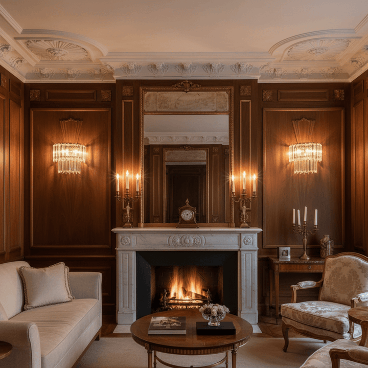 Luxurious living room featuring Italian Clear Glass and Polished Brass Wall Sconce with vintage appeal against elegant wood paneling.