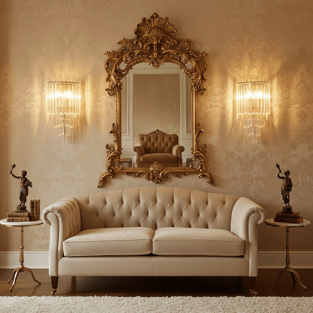 Luxurious living room with Italian Glass and Polished Brass Wall Sconce and ornate mirror above a beige sofa.