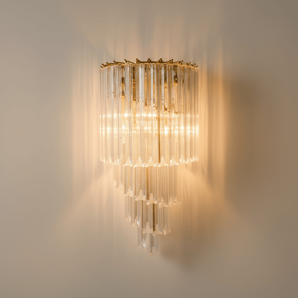 Italian Glass and Polished Brass Wall Sconce with hand-cut prisms, showcasing mid-century Venetian design elegance and luminous glamour.
