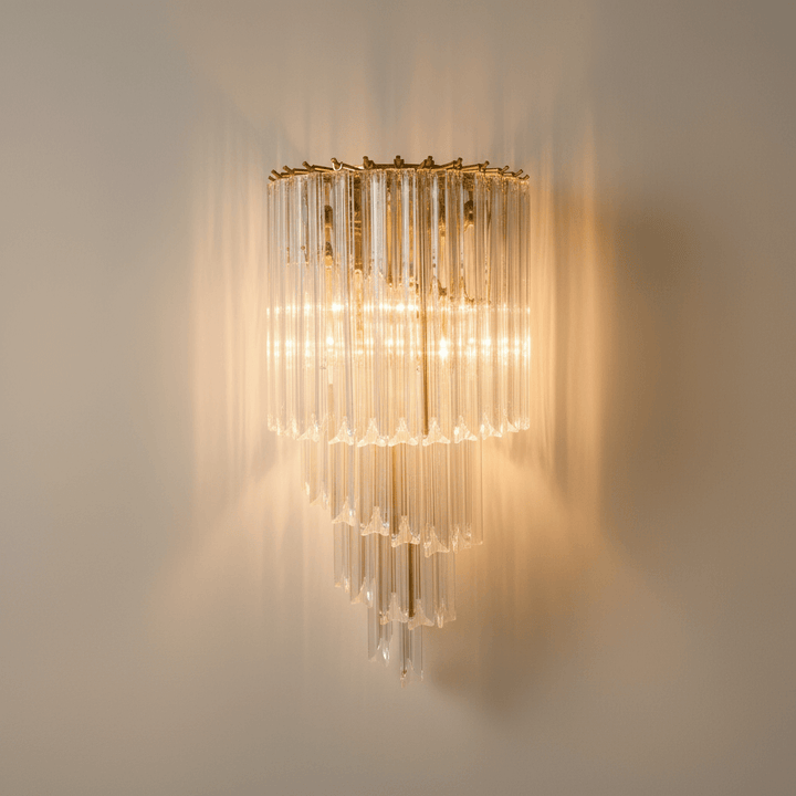 Italian Glass and Polished Brass Wall Sconce with hand-cut prisms, showcasing mid-century Venetian design elegance and luminous glamour.