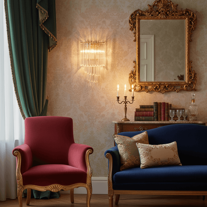 Italian Glass and Polished Brass Wall Sconce illuminating elegant vintage interior.