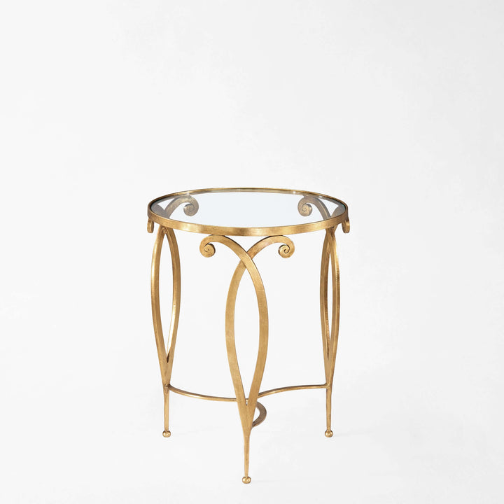 Italian Gold Leaf Iron Side Table with Glass Top showcasing hand-forged vintage design and Italian artisan craftsmanship.