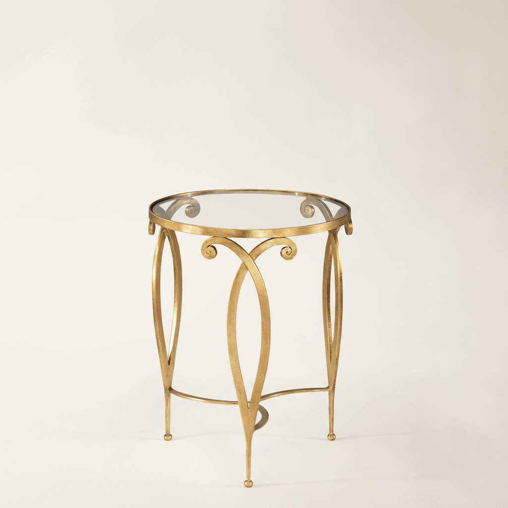 Hand-forged Italian Gold Leaf Iron Side Table with Glass Top exuding vintage glamour and sophistication.