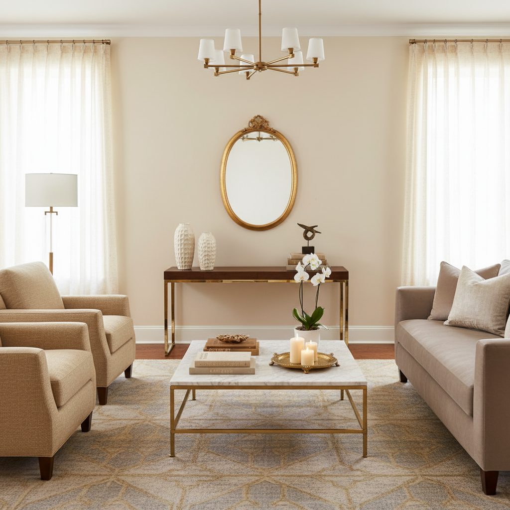 Living room with beige sofa, armchairs, and a coffee table with decor items.