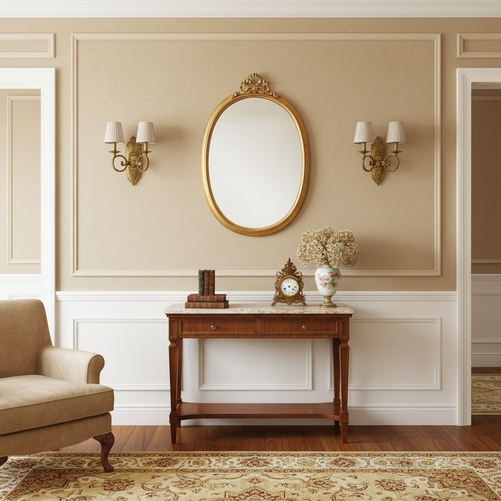 Elegant interior with a gold-framed mirror, wooden console table, and beige armchair.