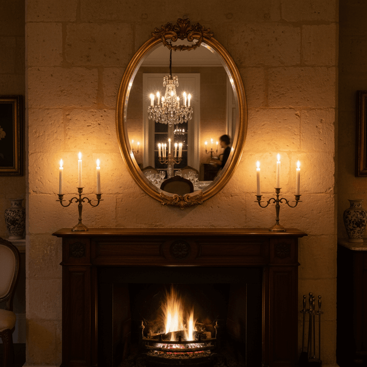 Italian Hand-Carved Gold Leaf Oval Mirror reflecting chandelier in elegant setting above fireplace