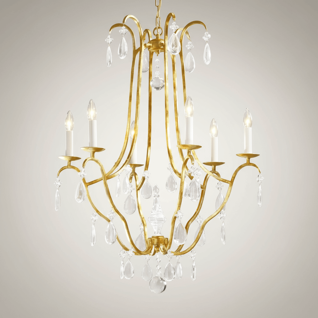 Alt Tag: Italian Handcrafted Gold Leaf Chandelier with Crystal Drops showcasing elegant Italian craftsmanship.