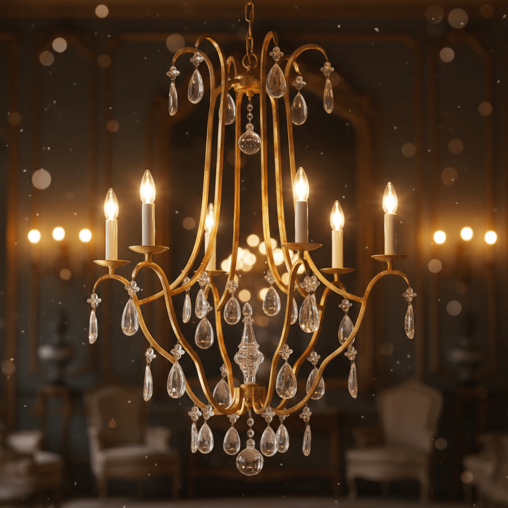 Italian Handcrafted Gold Leaf Chandelier with Crystal Drops elegantly illuminating a luxurious room, showcasing Italian craftsmanship.