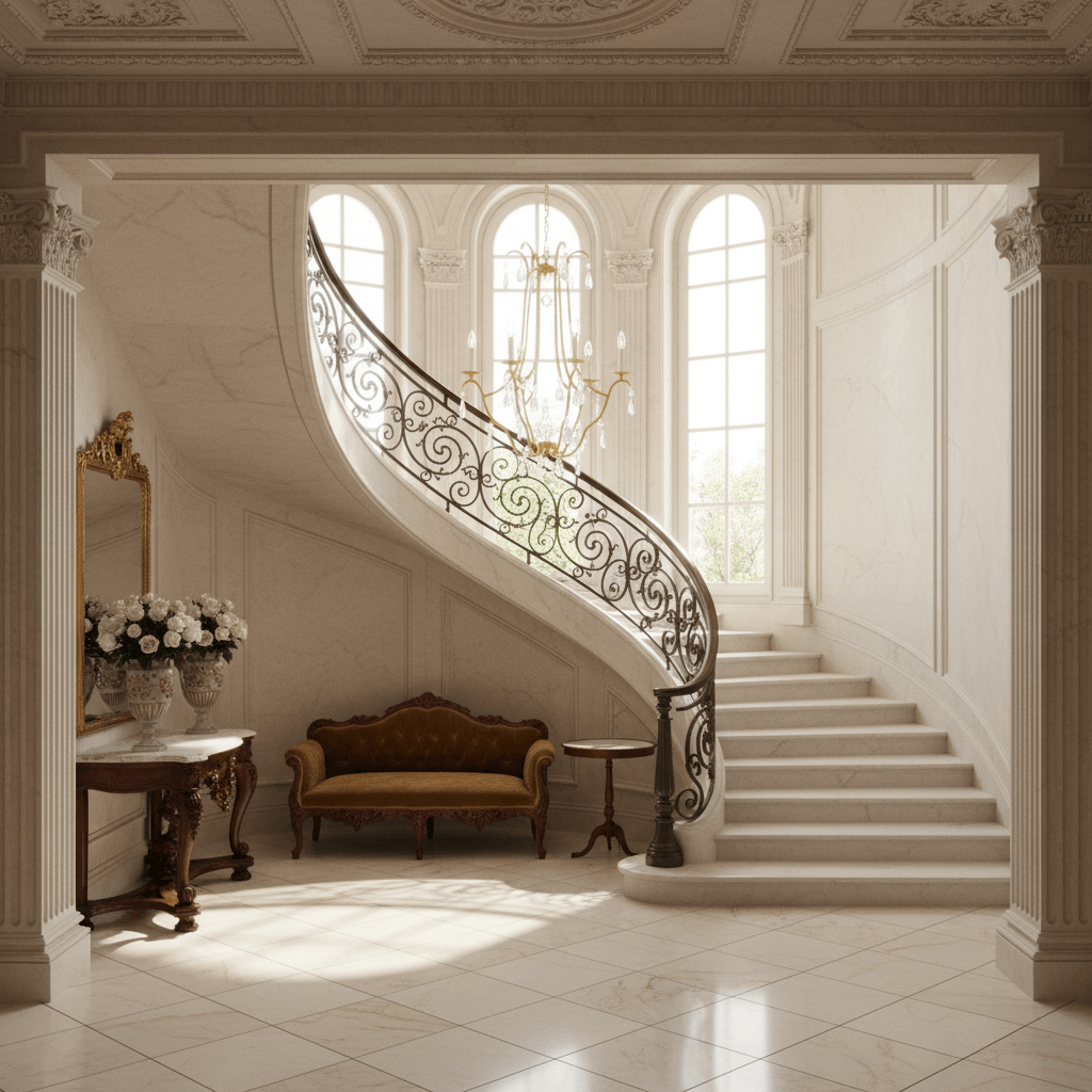 Elegant staircase with Italian Handcrafted Gold Leaf Chandelier with Crystal Drops in a luxurious entrance hall.