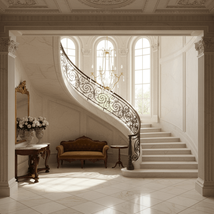 Elegant staircase with Italian Handcrafted Gold Leaf Chandelier with Crystal Drops in a luxurious entrance hall.