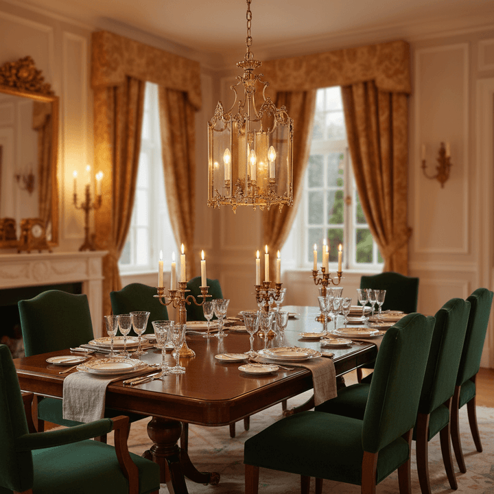 Elegant dining room with a large table set for dinner, green chairs, and a chandelier.