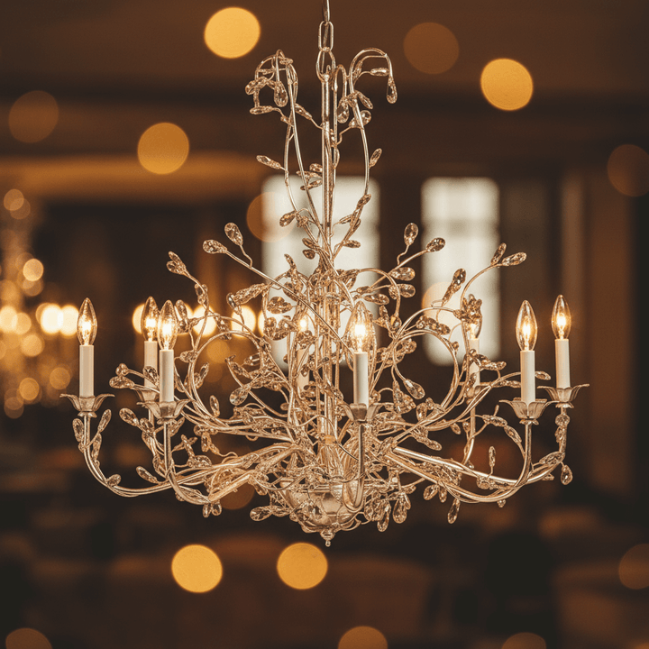 Italian Handcrafted Silver and Crystal Vine Chandelier glowing with elegance.