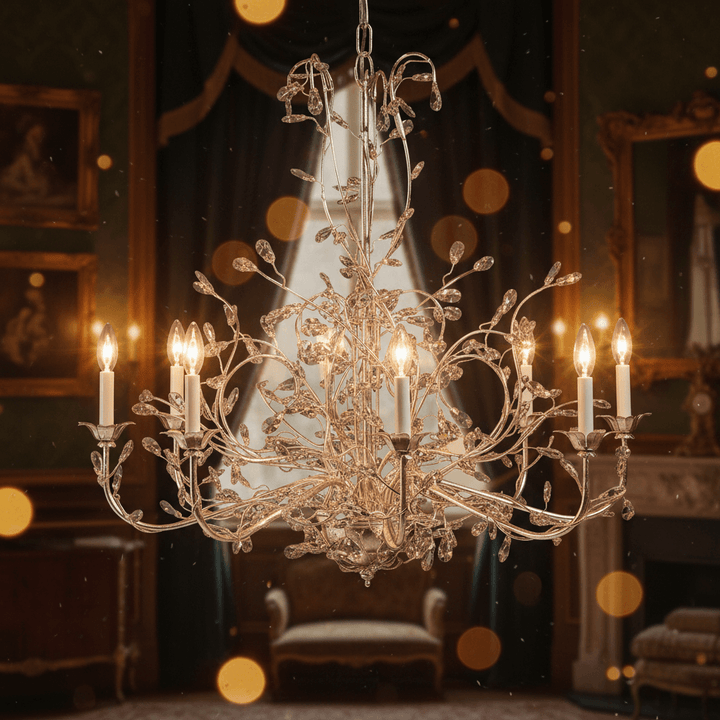 Italian Handcrafted Silver and Crystal Vine Chandelier elegantly illuminated in a classic interior setting.