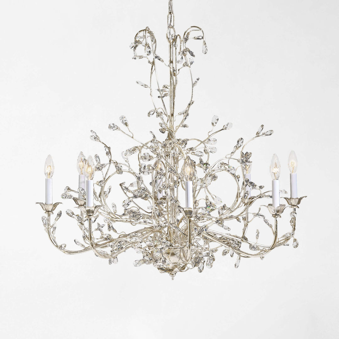 Italian Handcrafted Silver and Crystal Vine Chandelier with silver branches and crystal accents.