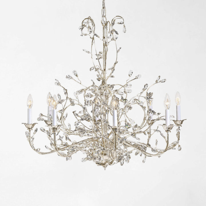 Italian Handcrafted Silver and Crystal Vine Chandelier with silver branches and crystal accents.