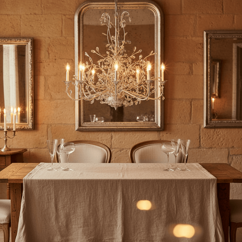 Elegant dining room featuring Italian Handcrafted Silver and Crystal Vine Chandelier lit above a richly set wooden table.