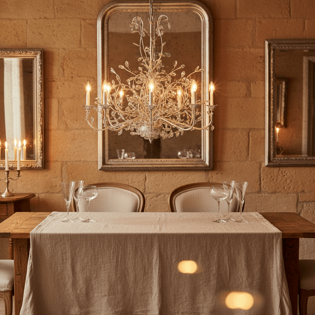 Elegant dining room featuring Italian Handcrafted Silver and Crystal Vine Chandelier lit above a richly set wooden table.