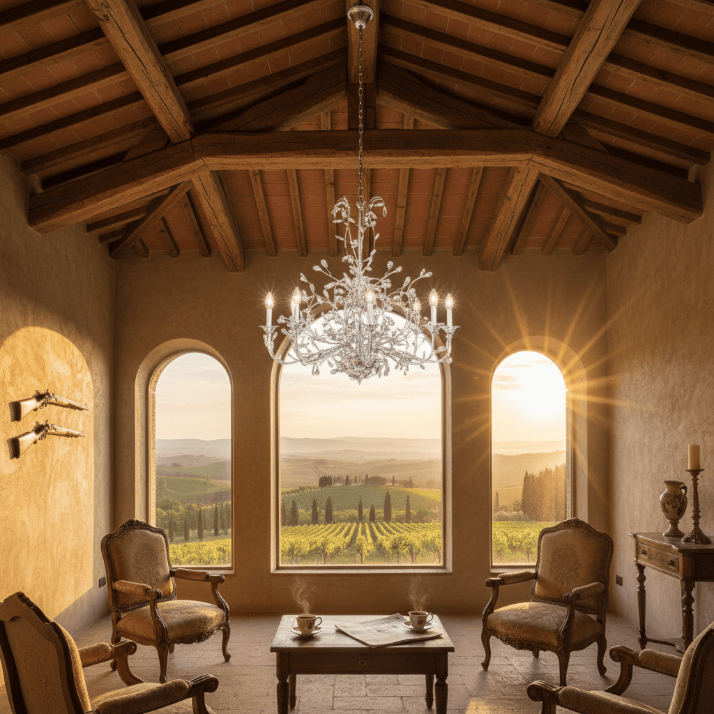 Italian Handcrafted Silver and Crystal Vine Chandelier in a rustic room with sunset view over vineyards
