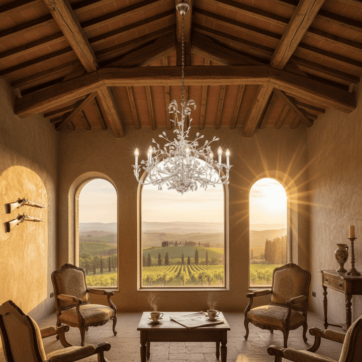 Italian Handcrafted Silver and Crystal Vine Chandelier in a rustic room with sunset view over vineyards