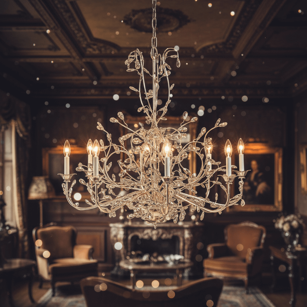 Italian Handcrafted Silver and Crystal Vine Chandelier in elegant vintage room