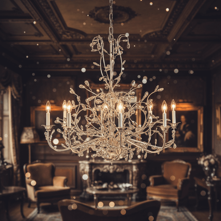 Italian Handcrafted Silver and Crystal Vine Chandelier in elegant vintage room