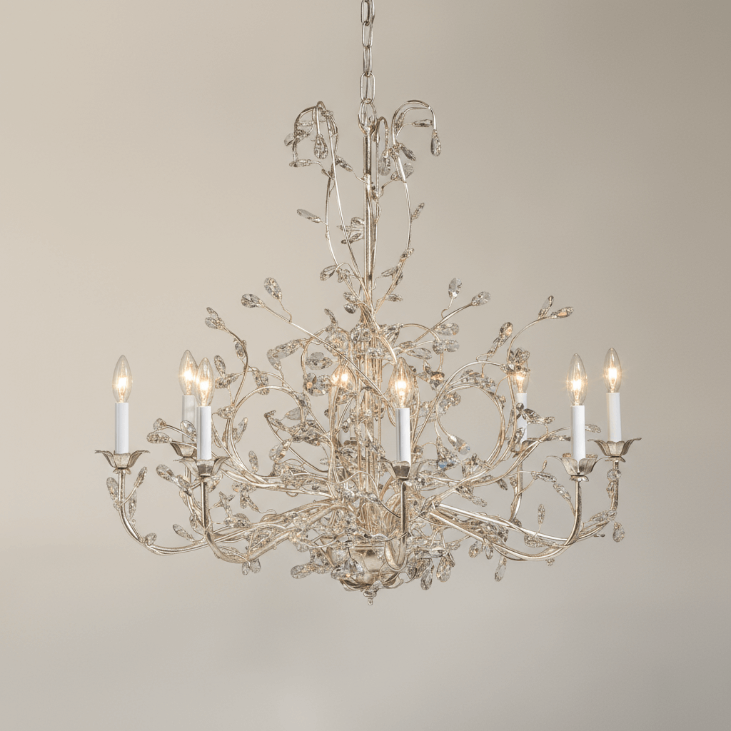 Italian Handcrafted Silver and Crystal Vine Chandelier with ornate branches and vintage elegance.