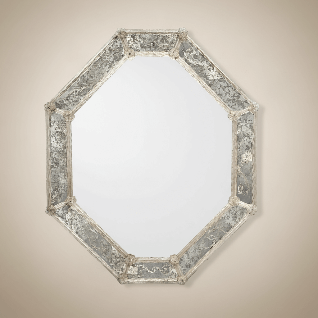 Italian Murano Glass Octagonal Mirror with antique-finished glass and silvered patina showcasing Venetian craftsmanship.