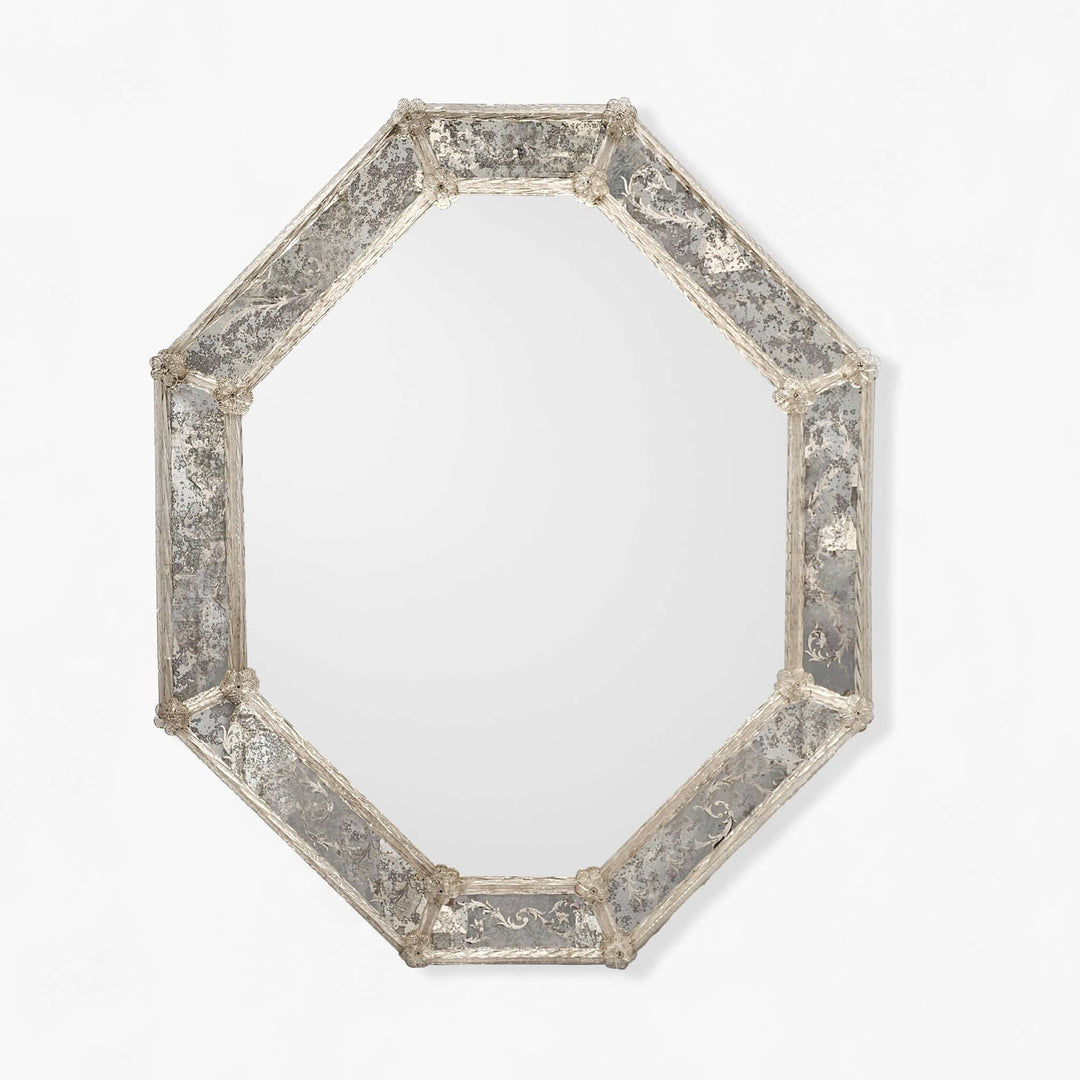Italian Murano Glass Octagonal Mirror with antique-finished glass and silvered patina on a white background.