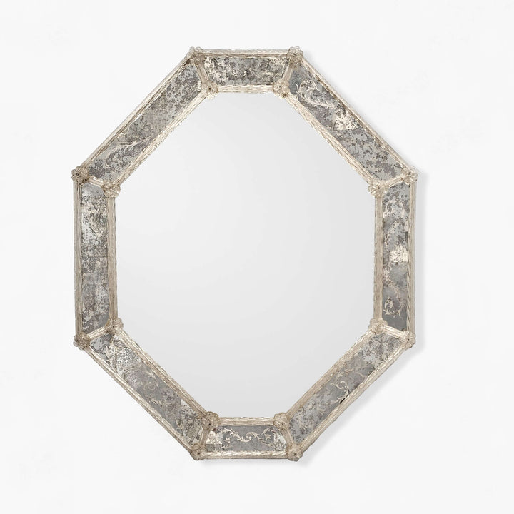 Italian Murano Glass Octagonal Mirror with antique-finished glass and silvered patina on a white background.