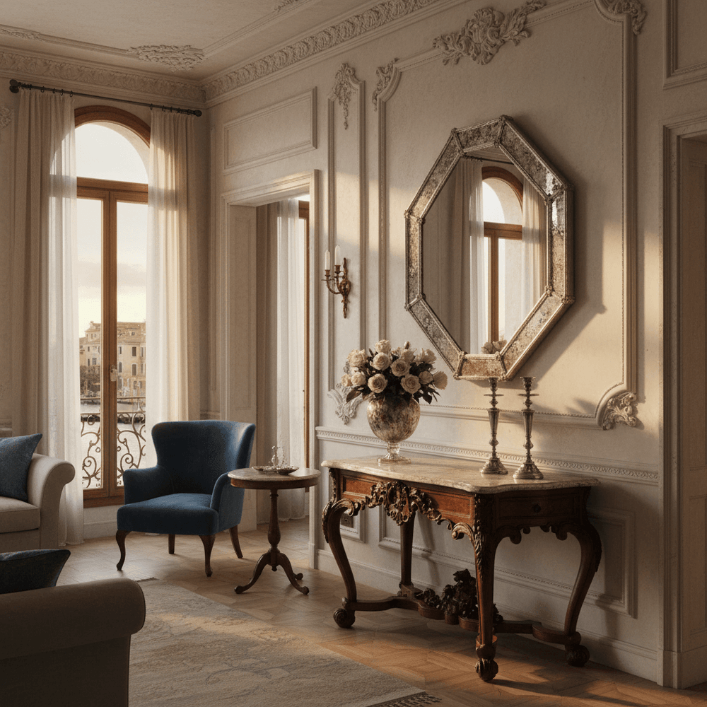 Luxurious room featuring Italian Murano Glass Octagonal Mirror with elegant decor and classic furniture.