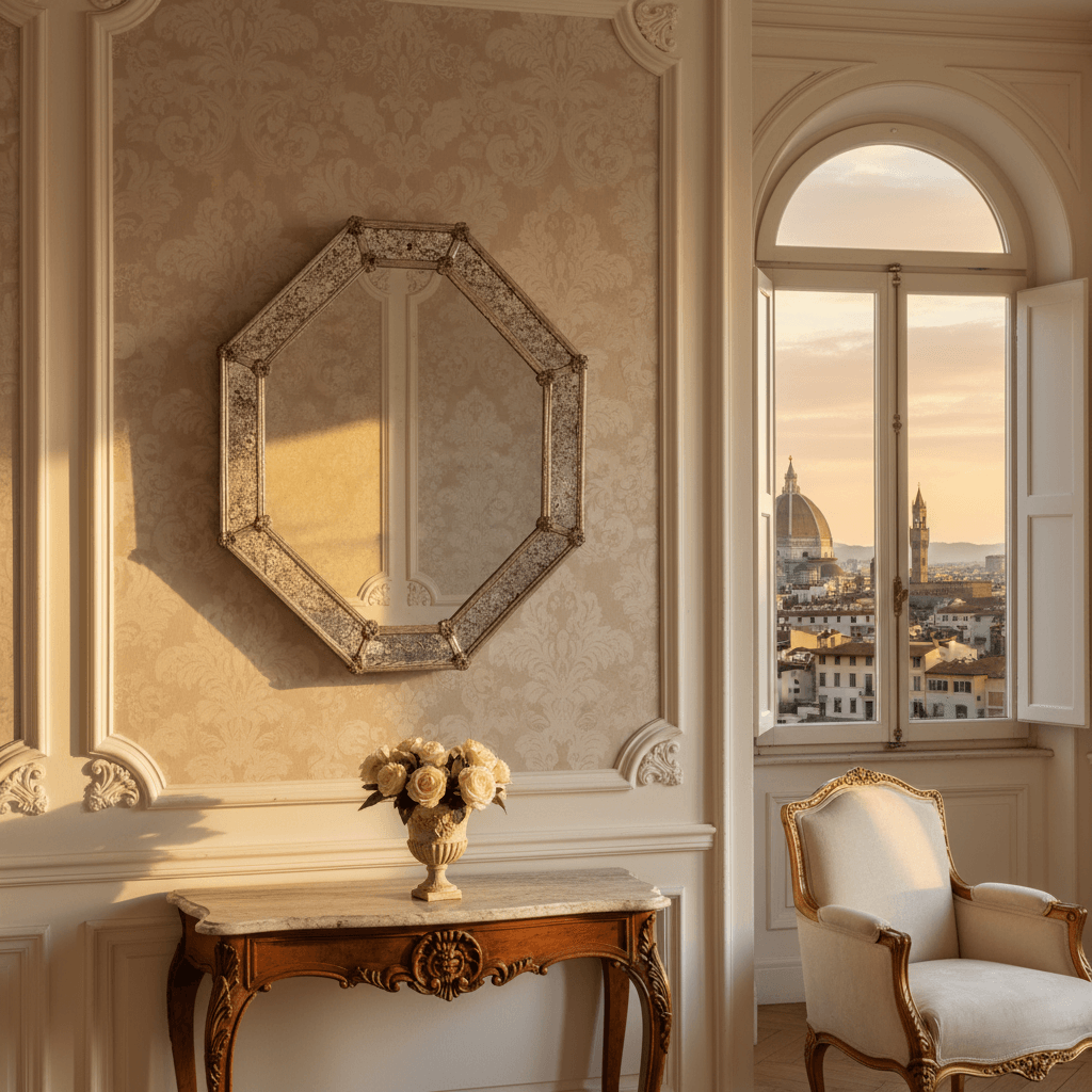 Italian Murano Glass Octagonal Mirror in elegant room with city view, showcasing Venetian artistry.