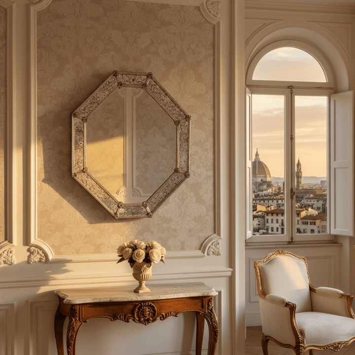 Italian Murano Glass Octagonal Mirror in elegant room with city view, showcasing Venetian artistry.