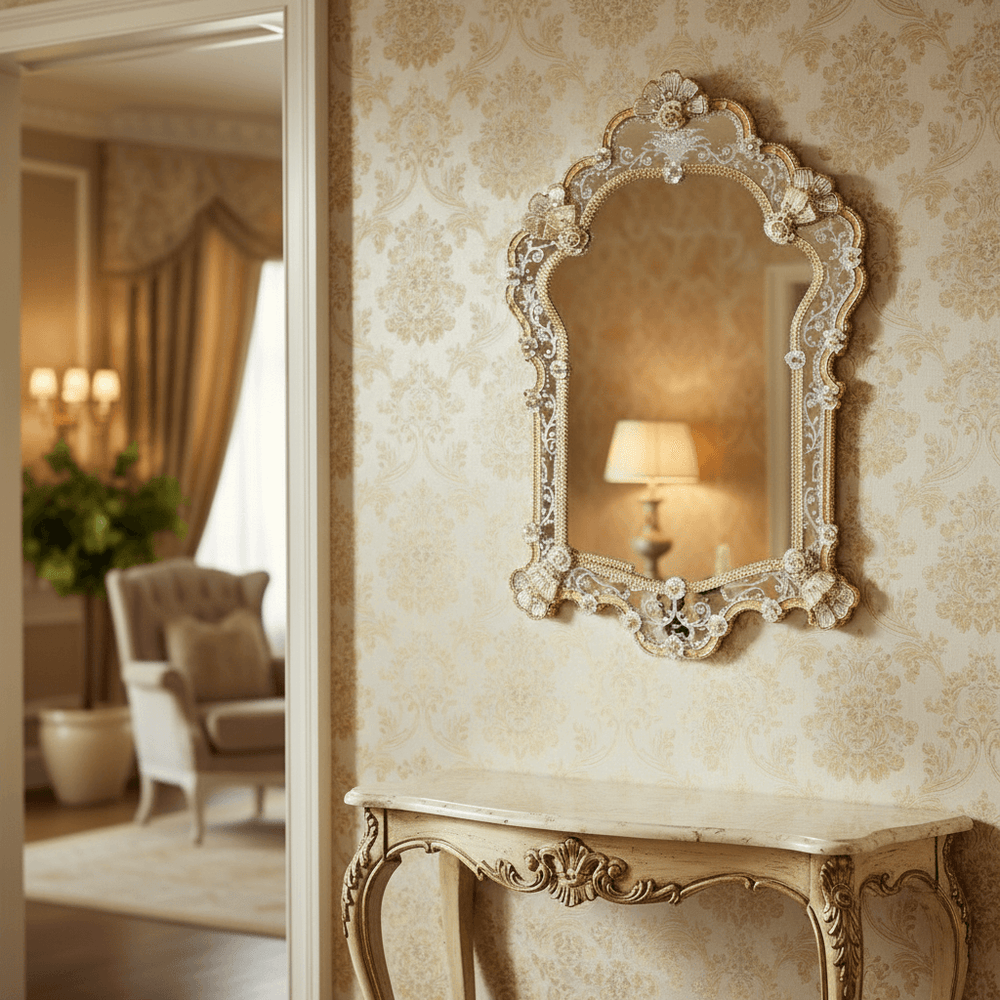 Decorative mirror with intricate frame on a wall with matching wallpaper