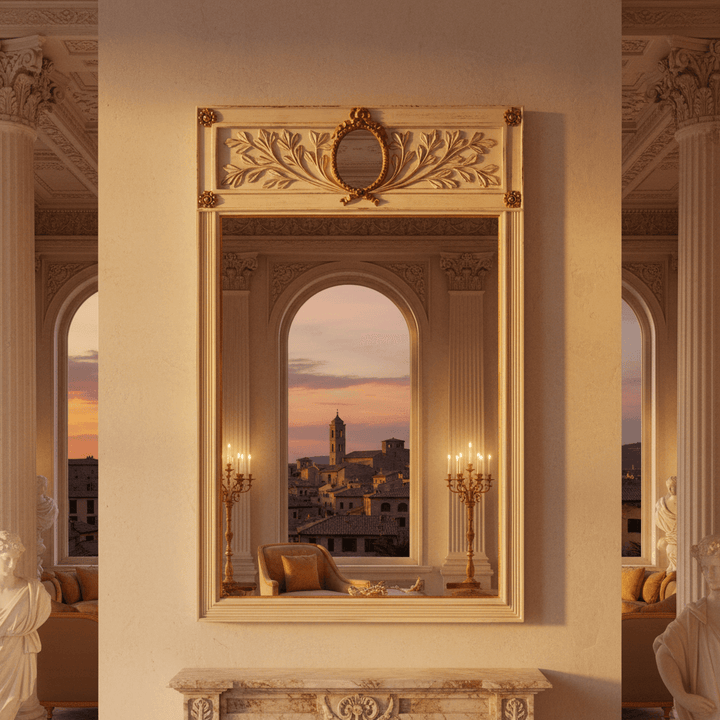 Italian Neoclassical Cream and Gold Leaf Mirror in elegant setting reflecting scenic sunset view