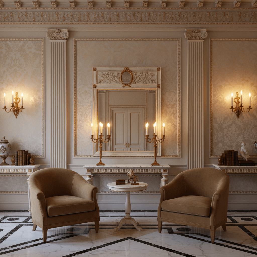 Elegant interior featuring Italian Neoclassical Cream and Gold Leaf Mirror with classic decor and warm lighting.