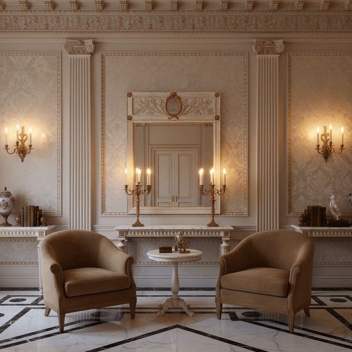 Elegant interior featuring Italian Neoclassical Cream and Gold Leaf Mirror with classic decor and warm lighting.