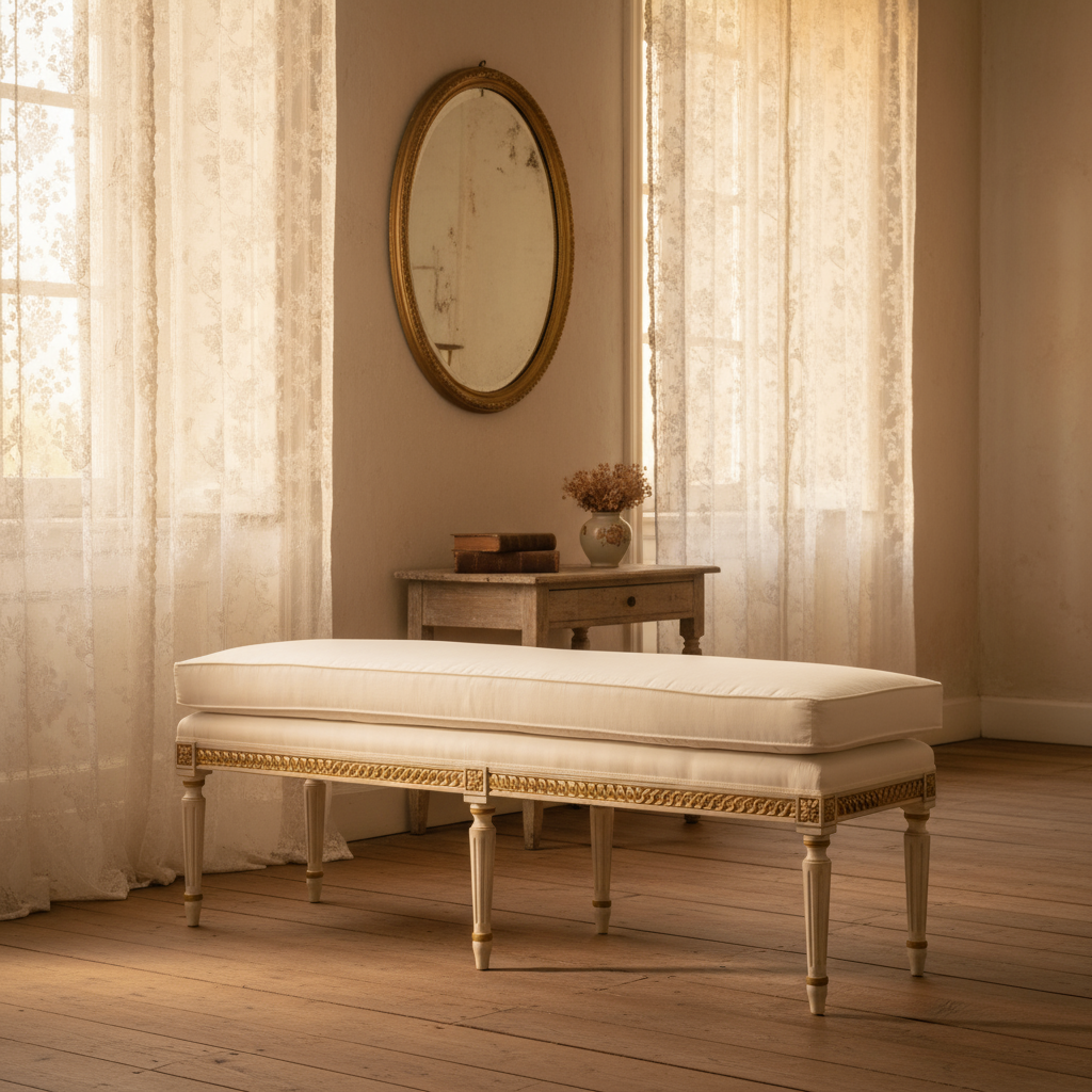 Italian Neoclassical Gilded White Bench in vintage-inspired room