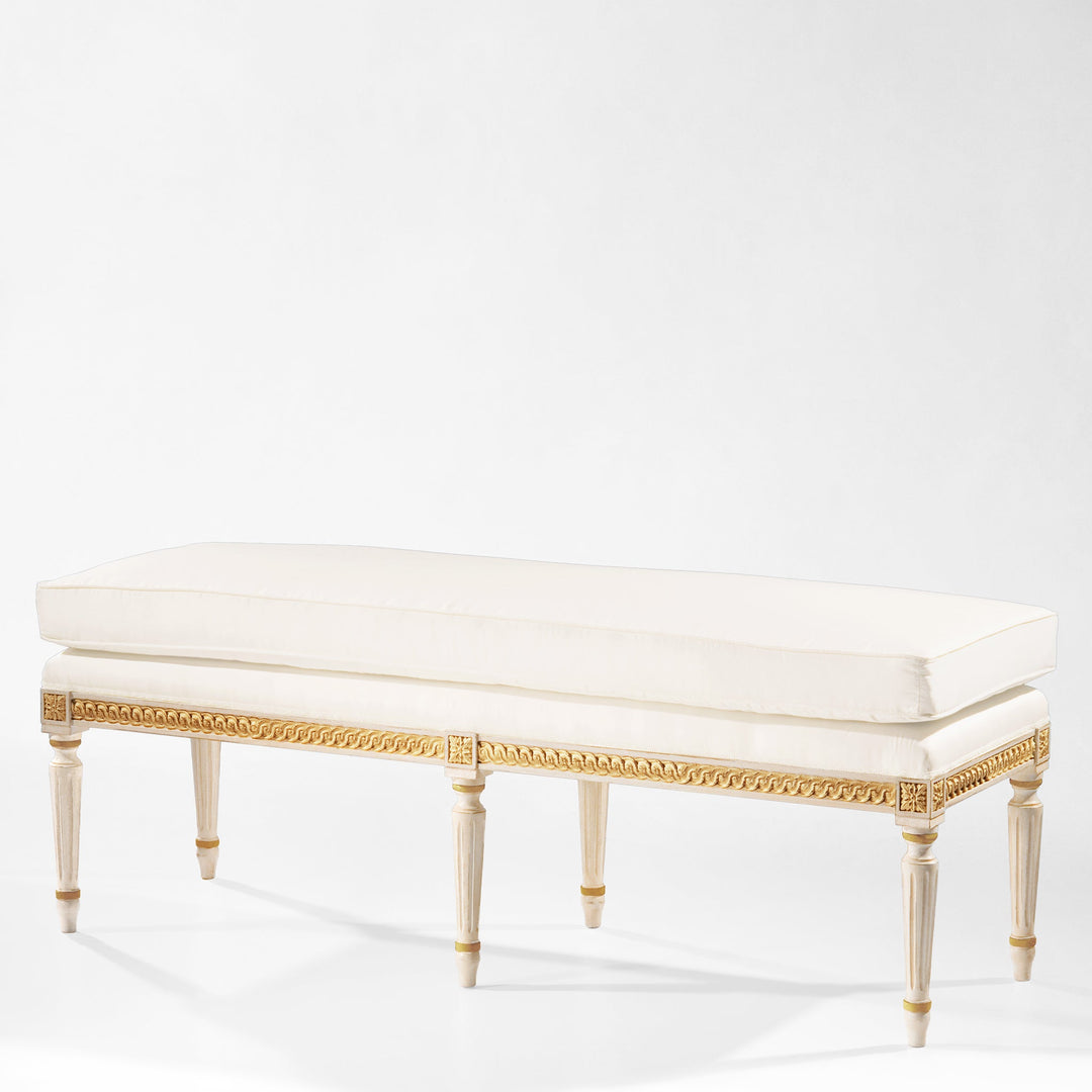 Italian Neoclassical Gilded White Bench showcasing vintage Italian craftsmanship with elegant gilded detailing.