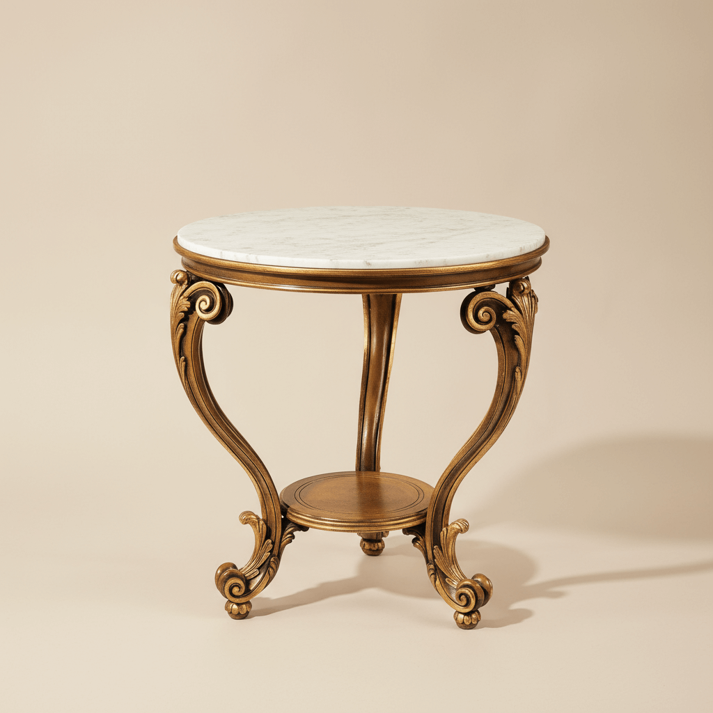 Italian Neoclassical Gold Leaf Side Table with Carrara marble top, showcasing elegant fluted legs and vintage handcrafted details.