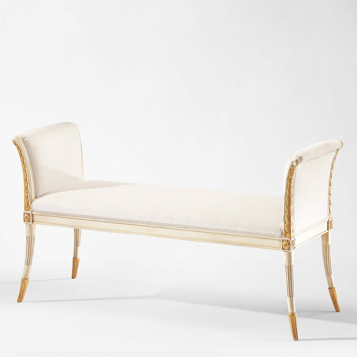 Italian Neoclassical White and Gold Leaf Bench, handcrafted elegance by artisans, blending antique poise with modern refinement.