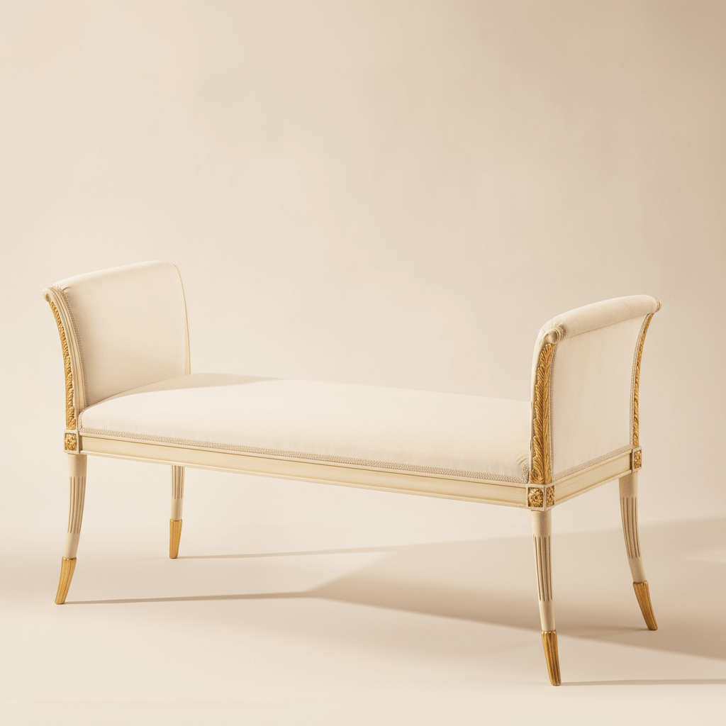 Italian Neoclassical White and Gold Leaf Bench handcrafted with antique poise and refinement, showcasing elegant curves and traditional artistry.