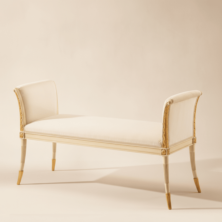 Italian Neoclassical White and Gold Leaf Bench handcrafted with antique poise and refinement, showcasing elegant curves and traditional artistry.